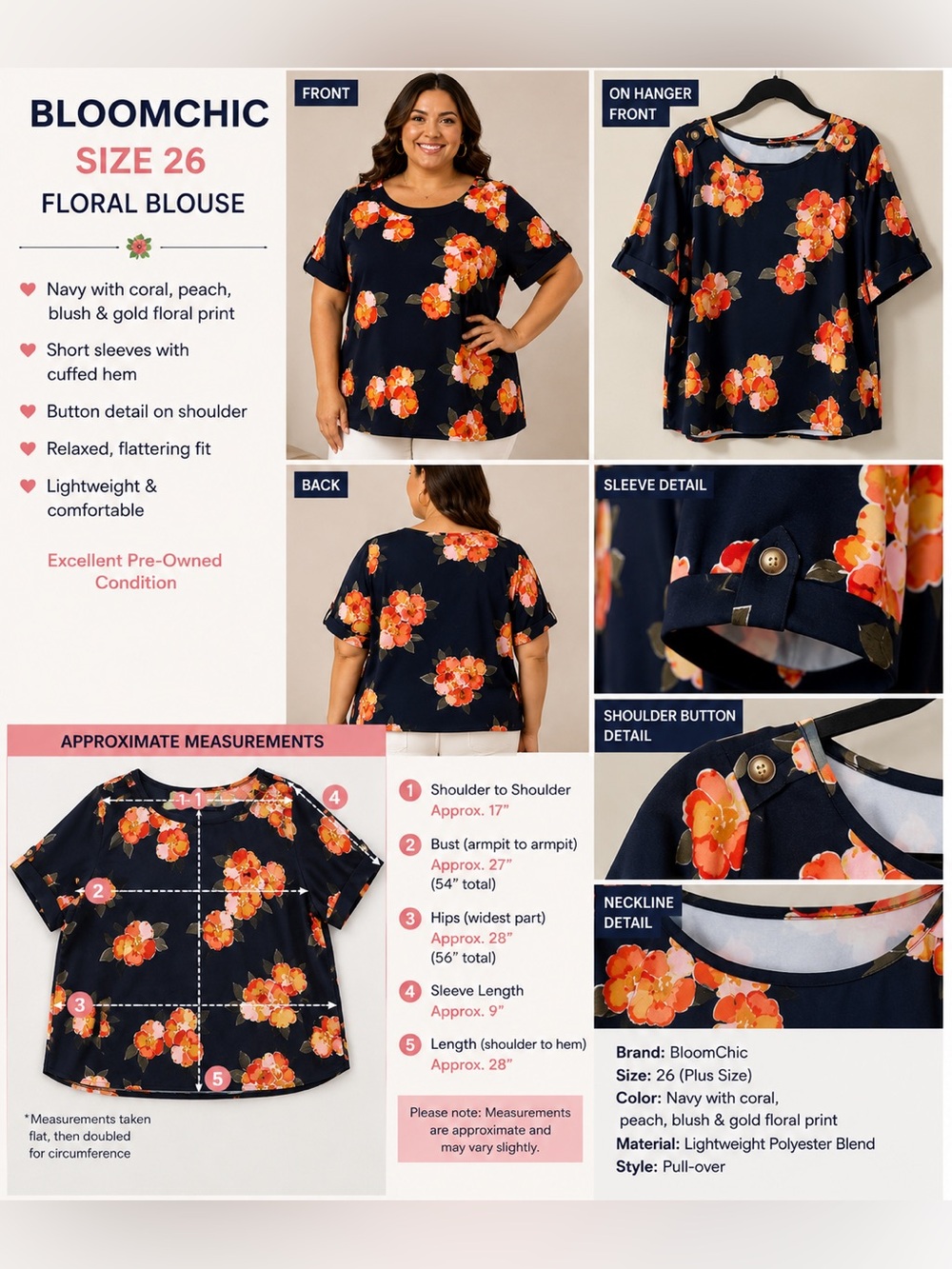 BloomChic Size 26 Navy Floral Blouse | 3/4 Sleeve Boat Neck Plus Size Top - Picture 2 of 4